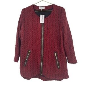 NWT Peck & Peck Red Black Fuzzy Tweed Zip Up Long Sleeve Jacket large